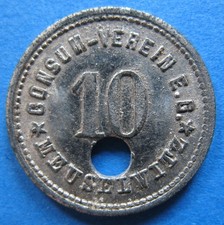 alte WERTMARKE MEUSELWITZ Consum-Verein 10 Pfennig Zink Me. 20988.14 VZ!