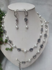 Rosenschmuck-Set 3-tlg. mit hochwertigen weißen Perlen - Hochzeit Braut