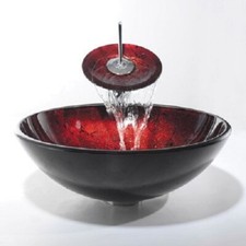 LUXUS ROT SCHWARZ GLASBECKEN SPÜLENSCHALE + PASSENDER GLAS WASSERFALL WASSERHAHN MISCHER