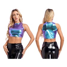 Damen Crop Top Glitzer Tank Top Ärmellos Metallic Shirt Tanzshirt Party Karneval