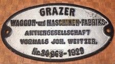 Fabrikschild, Builders plate WEITZER GRAZ, 1929 FE-Guss sehr gut