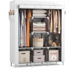 Kleiderschrank Stoffschrank Groß mit 2 Kleiderstangen 8 Ablagen Weiß