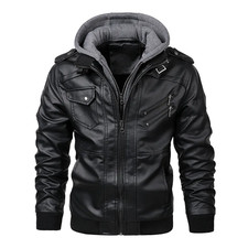 Herren PU-Lederjacke mit Kapuze – Gefütterte Biker Winterjacke Slim Fit EU