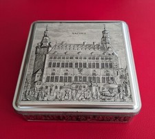 1960er Alte Aachen Blechdose Rathaus Relief Pralinen Trumpf Dose Silber Vintage 