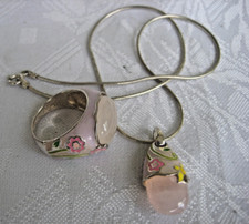 Set David Sigal 925 Silber Ring + Anhänger Emaille u Edelstein + Kette 40cm/RG57