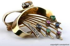 Antik Brosche Nadel 14kt 585 er Gelb Gold Diamanten Rubin Safir Smaragd #