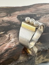 Silberring 925 mit drei Perlen und vergoldetem Element Gr. 58