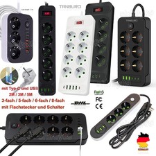 Steckdosenleiste 3-8Fach mit USB Mehrfachsteckdose mit Flachstecker und Schalter
