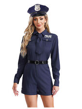 DE Damen Polizei Kostüm Langarm Kurzer Overall Und Gürtel Krawatte Hut Outfit