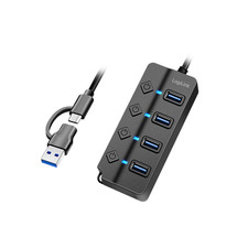 USB-C HUB Verteiler 4 Port PC USB Ein/Aus Schalter Type-C aktiv Netzteil Schwarz