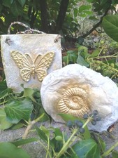 Steinskulpturen Schmetterling, Fossil 2er Set Grau Gold 