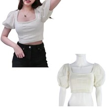 Zara Crop Top Bluse weiß Strick Baumwolle eckiger Ausschnitt Puff Ösenärmel sexy S