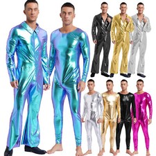 DE Herren Metallic Disco Glänzende Jumpsuit 70er 80er Overall Ganzanzug Bodysuit