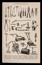 Original Holzschnitt 1896 Diverse alte Gartengeräte Anschaungstafel Lehrtafel