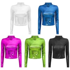 Damen Tee Tops Glitzer Tank Top Metallisch T-Shirt Langarm Tee Shirt Club Mode