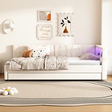 Tagesbett Schlafsofa Daybett 90x200 cm mit Ausziehbett & LED Beleuchtung, Beige
