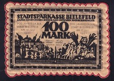 Bielefeld: 100 Mark 15.7.1921 - Stoffgeld Seide umrändelt - Rs. Rübenmännchen