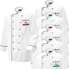 Kochjacke Bäckerjacke weiß mit farbiger Paspel + Kochknöpfe bestickt Wunschtext