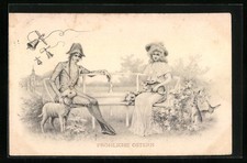 Ansichtskarte Paar mit Lamm und Osterhasen, Ostergruß 1901 