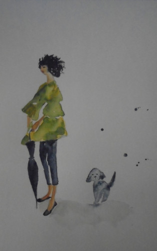 Orig aquarell frau - , hund"