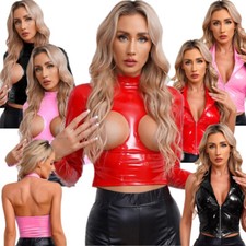 DE Damen Lackleder Crop Tops Wetlook Tank Weste Oberteile Langarm Party Clubwear