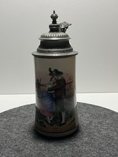 Alter Porzellan Bierkrug mit Bodenbild Zinndeckel Krug 0,5 Liter um 1900