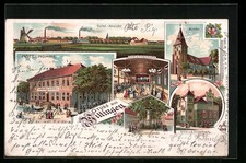 Lithographie Wittingen, Hotel Nöhre, Saal mit Kegelbahn, Villa v. d. Knesebeck 