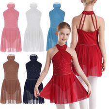 Kinder Mädchen Eiskunstlauf Kleid Glitzer Strass Rollkunstlauf Kürkleid Leotard