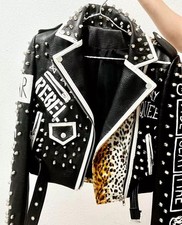 Damen Leder Jacke schwarz Nieten Leopard Rebel Fashion Einzelstück 34 - 36