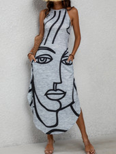 Abstraktes Druck Temperament Off-Shoulder Langkleid, unregelmäßiger Saum, Sommer