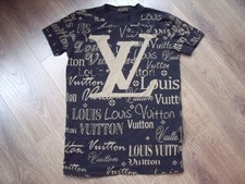 Louis Vuitton T-Shirt Gr. S Schwarz mit Beige Schriftzüge Stretch Slim