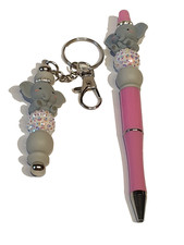 Schlüsselanhänger + Kugelschreiber Set Silikon Perlen Elefant