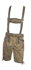 kurze Trachtenlederhose Latz zum Knöpfen Gürtel Plattlerhose Stegträger hbraun