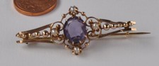 Rotgold Brosche Nadel Amethyst Saat Fluß Perle 750 Gold Antik Neu wertig