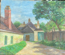 :: ÖLGEMÄLDE DORFWEG DORFINNERES MIT JÄGERZAUN GÄRTEN HÄUSERN SOMMERTAG