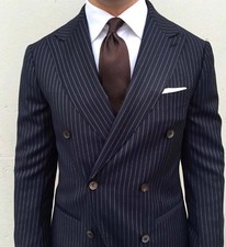 Herren Marineblau Streifen Anzüge Designer Hochzeit Bräutigam Dinner (Mantel + )