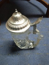 Antiker Bierkrug / Posthorn aus Glas und Deckel aus BMF N Zinn - unbenutzt