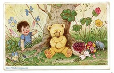 Alte AK Postkarte Fritz Baumgarten Teddy schläft Elfen-Kind... Geburtstag Rar!!