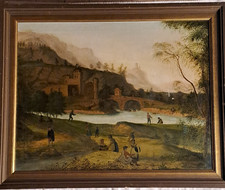 1790 -1810 Romantiker Öl auf Leinwand Biedermeier Gemälde Fluss Angler Haus Baum