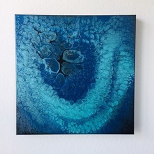 Abstraktes Acryl Pouring Bild 40x40 "Ocean Eye", handgemaltes Unikat in Blau