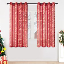 Voile Gardinen Weihnachtsrot 140cm breit, 145cm hoch, 2er Set, goldene Muster