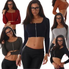 Damen Langarmshirt Crop-Top dünn Reißverschluss Stretch sexy Streifen 34 36 38