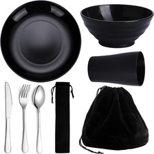 Kyraton Camping Besteck-Set mit Becher, Schalen, Teller & Edelstahlbesteck