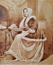 HENDRIK JACOBUS SCHOLTEN 1824-1907 NIEDERLÄNDISCHES AQUARELL 17. Jh. MÄDCHEN IM FELLUMHANG NL
