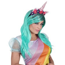 TÜRKISE EINHORN PERÜCKE HAARREIF Karneval Unicorn Ohren Horn Damen Kostüm 46942