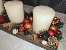 Adventsgesteck Weihnachtsgesteck Handmade Kunsttanne 50 x 14 cm rot orange 