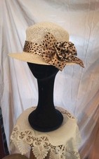 Damen Sommerhut  Papier Strohhut Leoparden Zierband breite Krempe Hut Sonnenhut