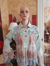 Damen Jeansjacke Tüll/pailletten Stickerei Gr M Neu