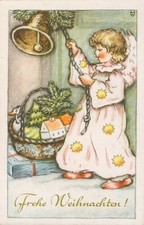 Glückwunsch Weihnachten, Engel läutet die Glocke, Künstler-Postkarte, Carlsfeld