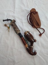 Seltene antike Pfeife mit Geweih, Hornmundstück & Bakelittopf mit Tabakbeutel